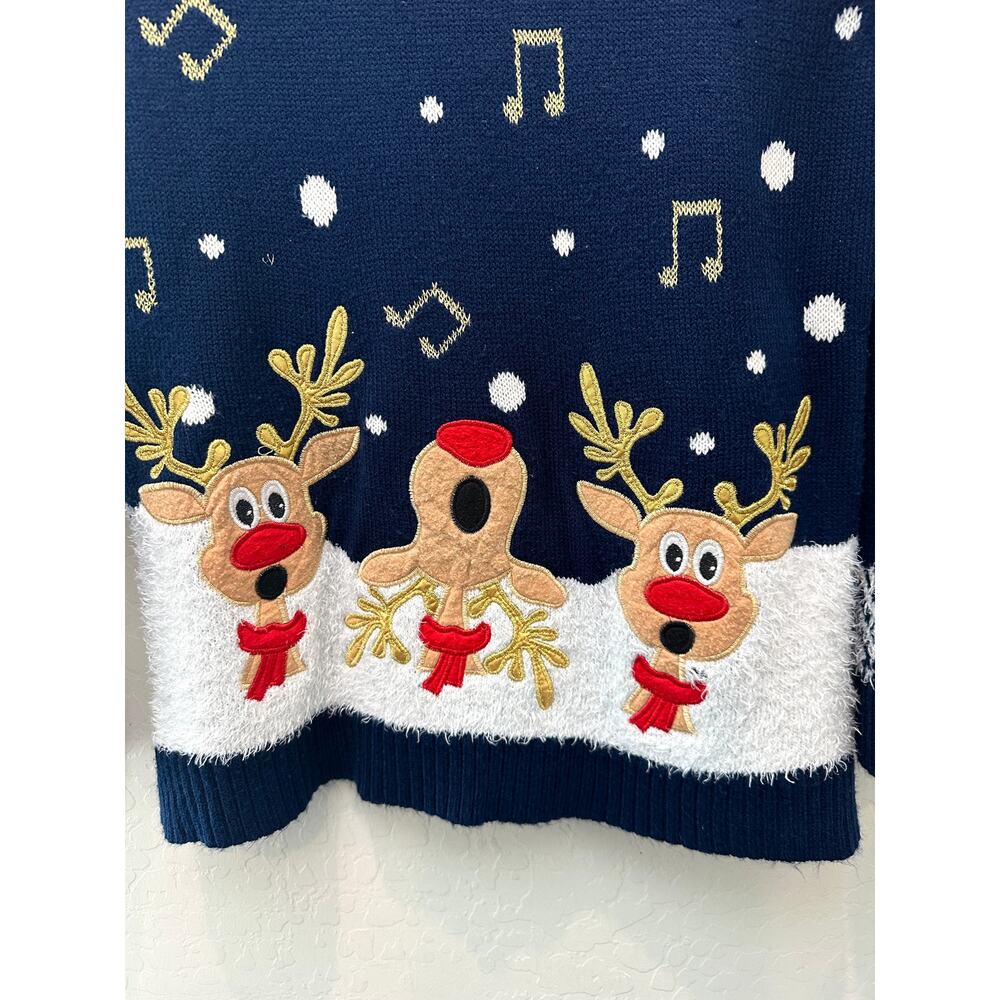 HOLIDAY TRADITIONS Navy Reindeer Ugly Christmas Sweater Medium Whimsical Granny - Picture 4 of 7